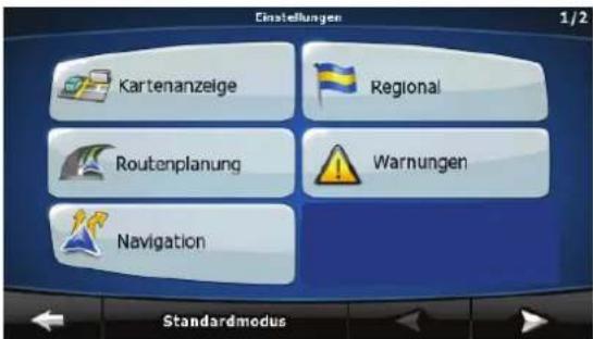 Einstellungen Kartenanzeige Regional Routenplanung Warnungen Navigation Standardmodus 1/2