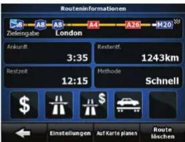 Routeninformationen Zieleingabe A8 A8 A4 A26 M20 London Ankunft 3:35 Resterlf. 1243km Restzeit 12:15 Methode Schnell $ Einstellungen Auf Karte planen Route Löschen
