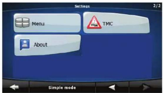 Settings 2/2 Menu TMC About Simple mode