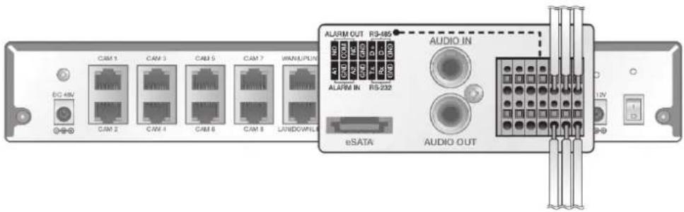 DC 4kV CAM 1 CAM 3 CAM 5 CAM 7 MANUPLN CAM 2 CAM 4 CAM 6 CAM 8 LUNIDOWNLE ALARM OUT R3-485 ALARM IN RS-232 eSATA AUDIO OUT AUDIO IN 12V