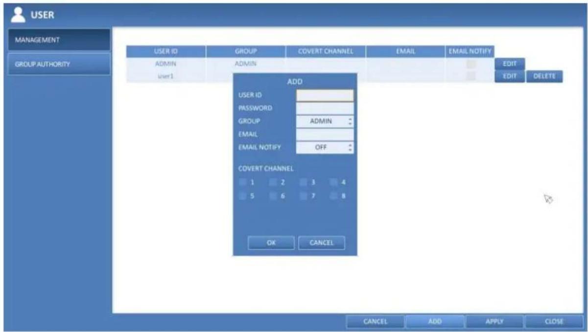 USER MANAGEMENT GROUP AUTHORITY USER ID ADMIN USER 1 GROUP COVERT CHANNEL EMAIL EMAIL NOTIFY EDIT EDIT DELETE ADD USER ID PASSWORD GROUP ADMIN EMAIL EMAIL NOTIFY OFF COVERT CHANNEL 1 2 3 4 5 6 7 8 OK CANCEL CANCEL ADD APPLY CLOSE