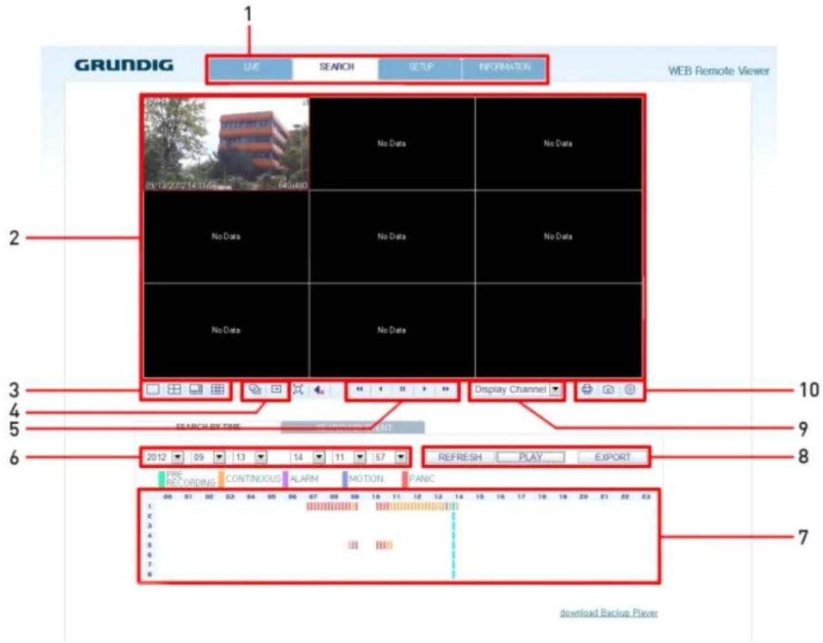 GRUNDIG LME SEARCH SETUP INFORMATION WEB Remote Viewer 2 No Data No Data No Data No Data No Data Display Channel 10 3 4 5 6 SEARCH BY TIME EXPRESSMENT 2012 09 13 14 11 57 REFRESH PLAY EXPORT PRE RECORDING CONTINUOUS ALARM MOTION PANIC 00 01 02 03 04 05 06 07 08 09 10 11 12 13 14 15 16 17 18 19 20 21 22 23 download Backup Player