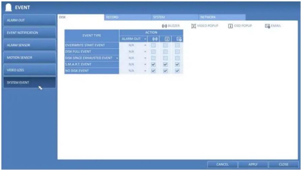 EVENT ALARM OUT EVENT NOTIFICATION ALARM SENSOR MOTION SENSOR VIDEO LOSS SYSTEM EVENT DISK RECORD SYSTEM NETWORK BUZZER VIDEO POPUP OSD POPUP EMAIL EVENT TYPE ACTION ALARM OUT OVERWRITE START EVENT N/A DISK FULL EVENT N/A DISK SPACE EXHAUSTED EVENT N/A S.M.A.R.T. EVENT N/A NO DISK EVENT N/A CANCEL APPLY CLOSE