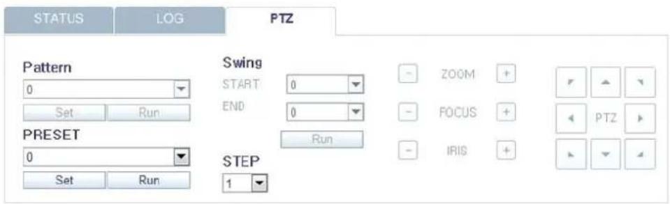 STATUS LOG PTZ Pattern 0 Set Run PRESET 0 Set Run Swing START 0 END 0 Run STEP 1 - ZOOM + - FOCUS + - IRIS + PTZ