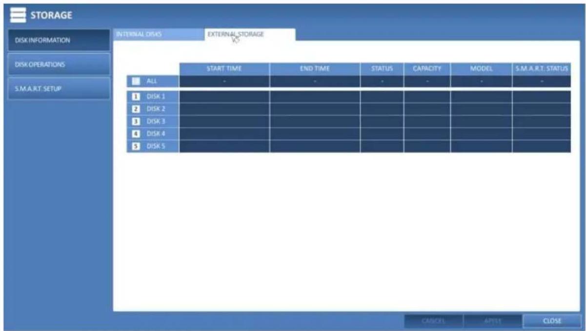 STORAGE DISK INFORMATION DISK OPERATIONS S.M.A.R.T. SETUP INTERNAL DISKS EXTERNAL STORAGE START TIME END TIME STATUS CAPACITY MODEL S.M.A.R.T. STATUS ALL - - - - - - 1 DISK 1 - 2 DISK 2 - 3 DISK 3 - 4 DISK 4 - 5 DISK 5 - CANCEL APTEN CLOSE