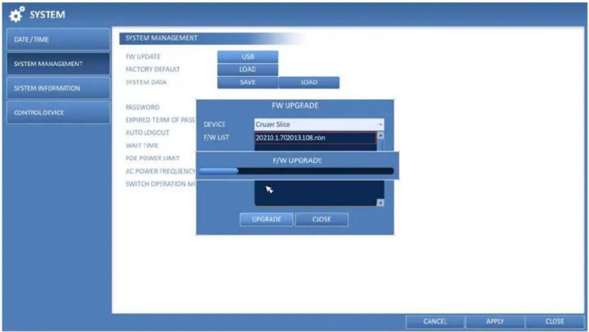 SYSTEM DATE/TIME SYSTEM MANAGEMENT SYSTEM INFORMATION CONTROL DEVICE SYSTEM MANAGEMENT FW UPDATE USB FACTORY DEFAULT LOAD SYSTEM DATA SAVE LOAD PASSWORD EXPIRED TERM OF PASS AUTO LOGCUT WAIT TIME POE POWER LIMIT AC POWER FREQUENCY SWITCH OPERATION M FW UPGRADE DEVICE Cruzer Slice F/W LIST 20210.1.7G2013.108.nbn F/W UPGRADE UPGRADE CLOSE CANCEL APPLY CLOSE