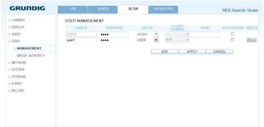 GRUNDIG LIVE SEARCH SETUP INFORMATION WEB Remote Viewer CAMERA DISPLAY AUDIO USER MANAGEMENT GROUP AUTHORITY NETWORK SYSTEM STORAGE EVENT RECORD USER MANAGEMENT USER ID PASSWORD GROUP COVERT CHANNEL EMAIL NOTIFICATION DELETE ADMIN ••••• ADMIN 6.7.3 user1 ••••• ENTER DELETE ADD APPLY CANCEL