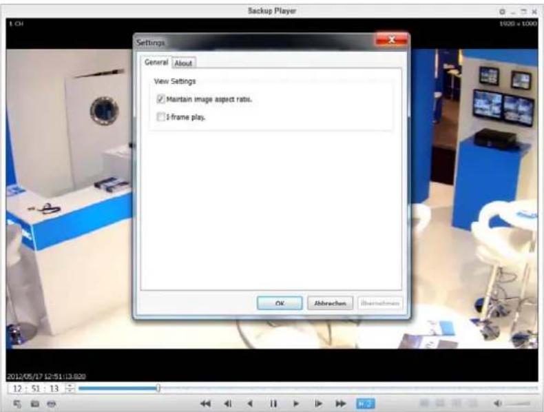 Backup Player Settings General About View Settings ✓ Maintain image aspect ratio. ☐ i-frame play. OK Abbrevchen Überleihmen 2012/05/17 12:51:13.820 12 : 51 : 13