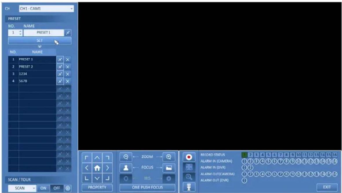 CH CH1 - CAM1 PRESET NO. NAME 1 PRESET 1 SET NO. NAME 1 PRESET 1 2 PRESET 2 3 1234 4 5678 SCAN / TOUR SCAN ON OFF ZOOM FOCUS IHS ONE PUSH FOCUS RECORD STATUS ALARM IN (CAMERA) ALARM IN (DVR) ALARM OUT(CAMERA) ALARM OUT (DVR) 2 3 4 5 6 7 8 9 10 11 12 13 14 15 16 ①②③④⑤⑥⑦⑧⑨⑩⑪⑫⑬⑭⑮⑯⑰ ①②③④⑤⑥⑦⑧⑨⑩⑪⑫⑬⑭⑮⑯⑰ ① EXIT