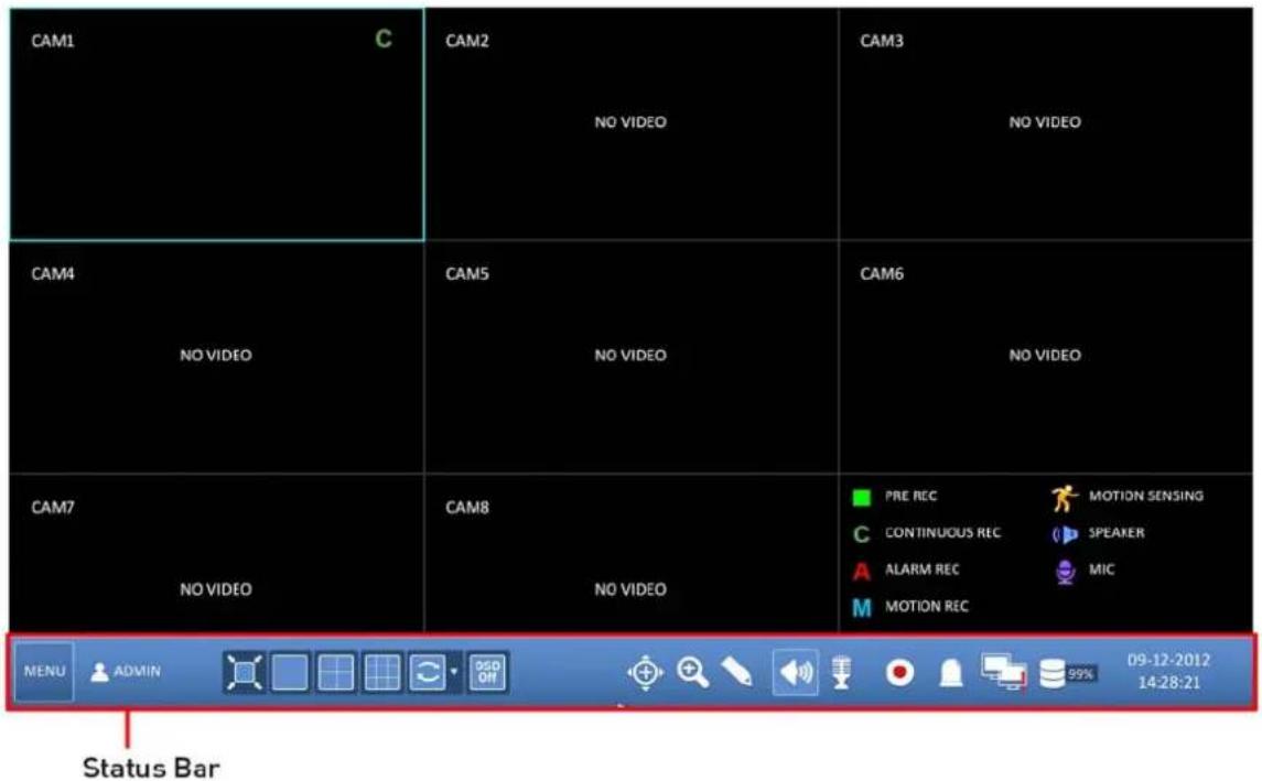 CAM1 C CAM2 NO VIDEO CAM3 NO VIDEO CAM4 NO VIDEO CAM5 NO VIDEO CAM6 NO VIDEO CAM7 NO VIDEO CAM8 NO VIDEO PRE REC MOTION SENSING CONTINUOUS REC SPEAKER ALARM REC MIC MOTION REC MENU ADMIN 09-12-2012 14:28:21 Status Bar