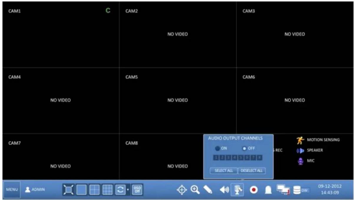 CAM1 C CAM2 NO VIDEO CAM3 NO VIDEO CAM4 NO VIDEO CAM5 NO VIDEO CAM6 NO VIDEO CAM7 NO VIDEO CAM8 NO VIDEO AUDIO OUTPUT CHANNELS ON OFF REC MOTION SENSING SPEAKER MIC SELECT ALL DESELECT ALL MENU ADMIN 09-12-2012 14:43:09