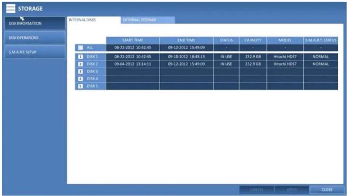 STORAGE DISK INFORMATION DISK OPERATIONS S.M.A.R.T. SETUP INTERNAL DISKS EXTERNAL STORAGE START TIME END TIME STATUS CAPACITY MODEL S.M.A.R.T. STATUS ALL 08-22-2012 10:42:45 09-12-2012 15:49:09 - - - - 1 DISK 1 08-22-2012 10:42:45 09-10-2012 18:48:13.IN USE 232.9 GB Hitachi HDS7 NORMAL 2 DISK 2 09-04-2012 13:14:11 09-12-2012 15:49:09.IN USE 232.9 GB Hitachi HDS7 NORMAL 3 DISK 3 4 DISK 4 5 DISK 5 CANCEL APOST CLOSE