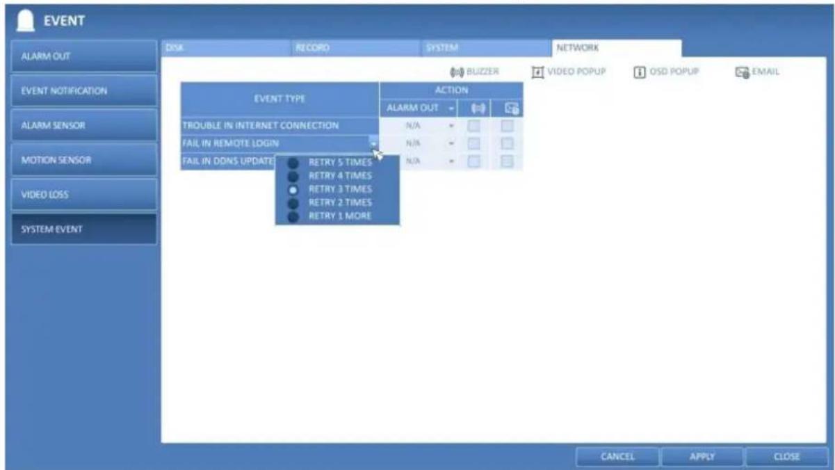EVENT DISK RECORD SYSTEM NETWORK ALARM OUT EVENT NOTIFICATION ALARM SENSOR MOTION SENSOR VIDEO LOSS SYSTEM EVENT TROUBLE IN INTERNET CONNECTION FAIL IN REMOTE LOGIN FAIL IN DON'S UPDATE ACTION ALARM OUT N/A N/A N/A VIDEO POPUP OSD POPUP EMAIL CANCEL APPLY CLOSE