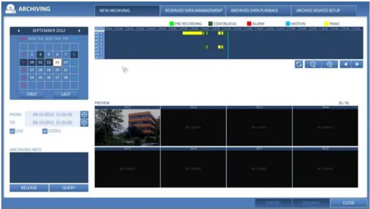 ARCHIVING NEW ARCHIVING RESERVED DATA MANAGEMENT ARCHIVED DATA PLAYBACK ARCHIVE DEVICES SETUP PRE RECORDING CONTINUOUS ALARM MOTION PANIC SEPTEMBER 2012 MON TUE WED THU FRI 1 4 5 6 7 8 10 11 12 13 14 17 18 19 20 21 24 25 26 27 28 FIRST LAST FROM 09-13-2012 11:28:50 TO 09-13-2012 11:31:50 LOG CODEC ARCHIVING INFO RELEASE QUERY PREVIEW (B / B) 09:13 09:23 09:33 09:43 RECYA NET CHANGE NO CHANGE RECYA NET CHANGE NET CHANGE NET CHANGE OPEN ACCESS CLOSE