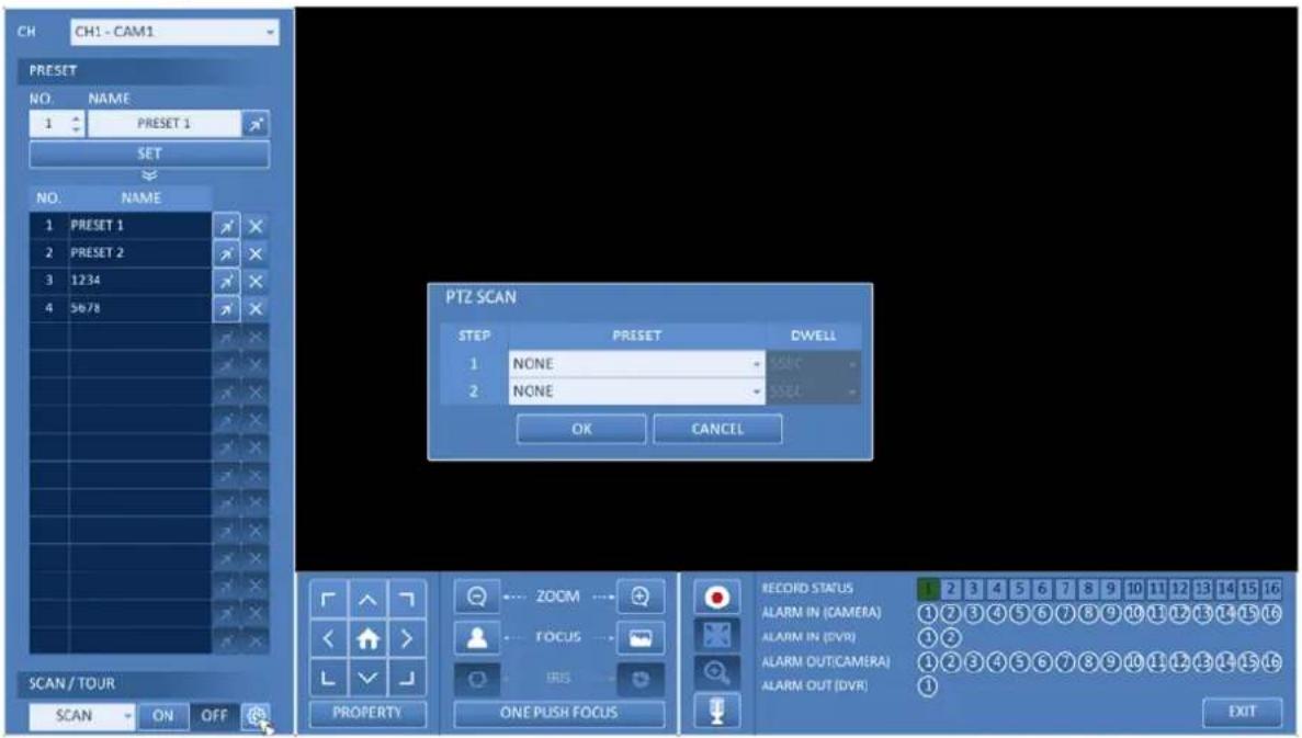 CH CH1 - CAM1 PRESET NO. NAME 1 PRESET 1 SET NO. NAME 1 PRESET 1 2 PRESET 2 3 1234 4 5678 PTZ SCAN STEP PRESET DWELL 1 NONE BASIC 2 NONE OFFSET OK CANCEL SCAN / TOUR SCAN ON OFF ZOOM FOCUS IRUS PROPERTY ONE PUSH FOCUS RECORD STATUS ALARM IN (CAMERA) ALARM IN (DVR) ALARM OUT(CAMERA) ALARM OUT (DVR) 1 2 3 4 5 6 7 8 9 10 11 12 13 14 15 16 ①②③④⑤⑥⑦⑧⑨⑩⑪⑫⑬⑭⑮⑯⑰⑱⑲⑳⑴⑵⑶⑷⑸⑹⑺⑿⑰⑱⑲⑳⑴⑵⑶⑷⑸⑹⑺⑺⑻⑯⑰⑱⑲⑳⑴⑵⑶⑷⑸⑹⑺⑺⑻⑯⑰⑱⑲⑳⑴⑵⑶⑷⑸⑹⑺⑻⑯⑰⑱⑲⑲⑳⑴ 16 EXIT