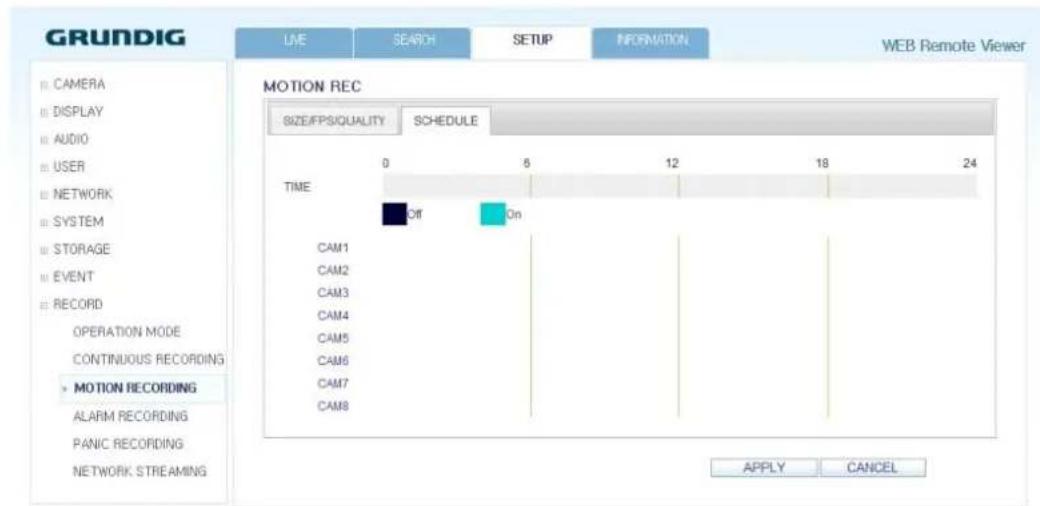 GRUNDIG LIVE SEARCH SETUP INFORMATION WEB Remote Viewer MOTION REC SIZE/FPS/QUALITY SCHEDULE TIME 0 6 12 18 24 Off On CAM1 CAM2 CAM3 CAM4 CAM5 CAM6 CAM7 CAM8 APPLY CANCEL MOTION RECORDING ALARM RECORDING PANIC RECORDING NETWORK STREAMING