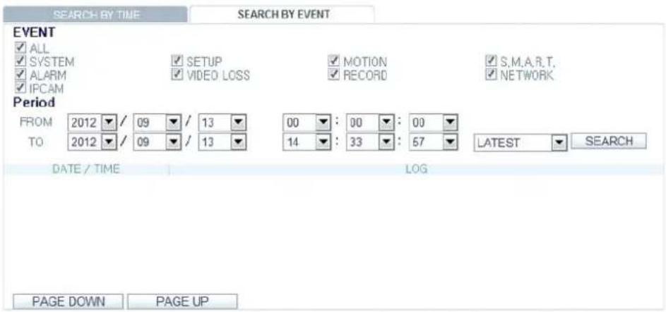 SEARCH BY TIME SEARCH BY EVENT EVENT ✓ ALL ✓ SYSTEM ✓ ALARM ✓ IPCAM SETUP ✓ VIDEO LOSS ✓ MOTION ✓ RECORD ✓ S,M,A,R,T, ✓ NETWORK Period FROM 2012 / 09 / 13 TO 2012 / 09 / 13 00 : 00 : 00 14 : 33 : 57 LATEST SEARCH DATE / TIME LOG PAGE DOWN PAGE UP