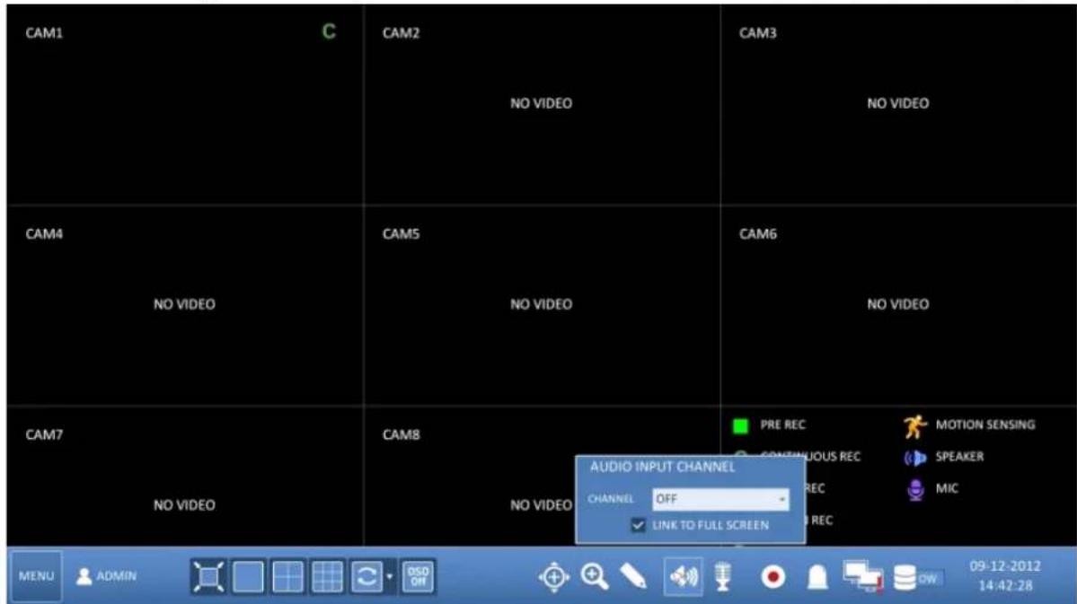 CAM1 C CAM2 NO VIDEO CAM3 NO VIDEO CAM4 NO VIDEO CAM5 NO VIDEO CAM6 NO VIDEO CAM7 NO VIDEO CAM8 NO VIDEO AUDIO INPUT CHANNEL CHANNEL OFF LINK TO FULL SCREEN PRE REC CONTINUOUS REC MOTION SENSING SPEAKER MIC MENU ADMIN 09-12-2012 14:42:28