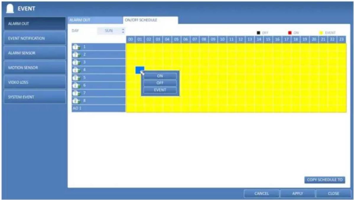 EVENT ALARM OUT ON/OFF SCHEDULE DAY SUN OFF ON EVENT 00 01 02 03 04 05 06 07 08 09 10 11 12 13 14 15 16 17 18 19 20 21 22 23 1 2 3 4 5 6 7 8 AD 1 ON OFF EVENT COPY SCHEDULE TO CANCEL APPLY CLOSE