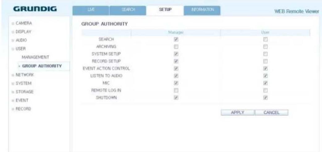 GRUNDIG LME SEARCH SETUP INFORMATION WEB Remote Viewer GROUP AUTHORITY SEARCH ARCHIVING SYSTEM SETUP RECORD SETUP EVENT ACTION CONTROL LISTEN TO AUDIO MIC REMOTE LOG IN SHUTDOWN APPLY CANCEL