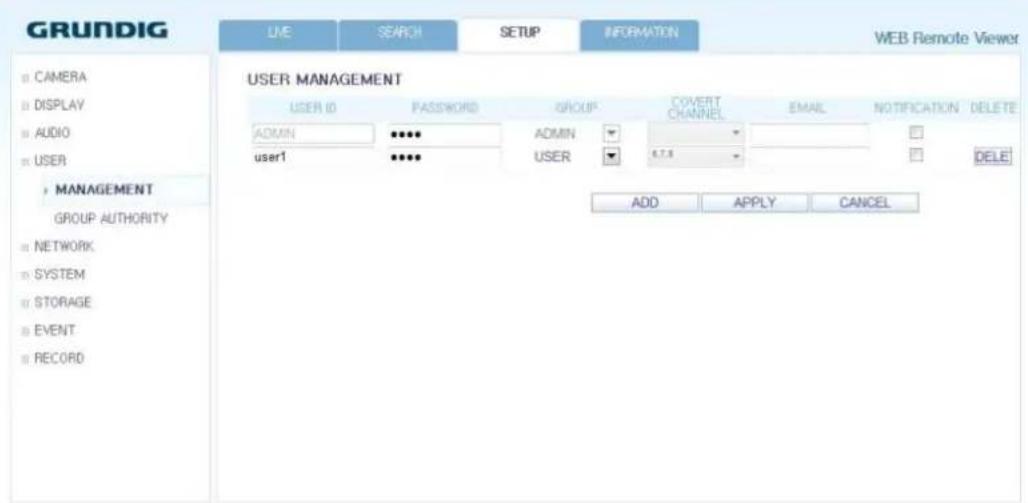 GRUNDIG LIVE SEARCH SETUP INFORMATION WEB Remote Viewer CAMERA DISPLAY AUDIO USER MANAGEMENT GROUP AUTHORITY NETWORK SYSTEM STORAGE EVENT RECORD USER MANAGEMENT USER ID PASSWORD GROUP COVERT CHANNEL EMAIL NOTIFICATION DELETE ADMIN ADMIN user1 6.7.3 ADD APPLY CANCEL