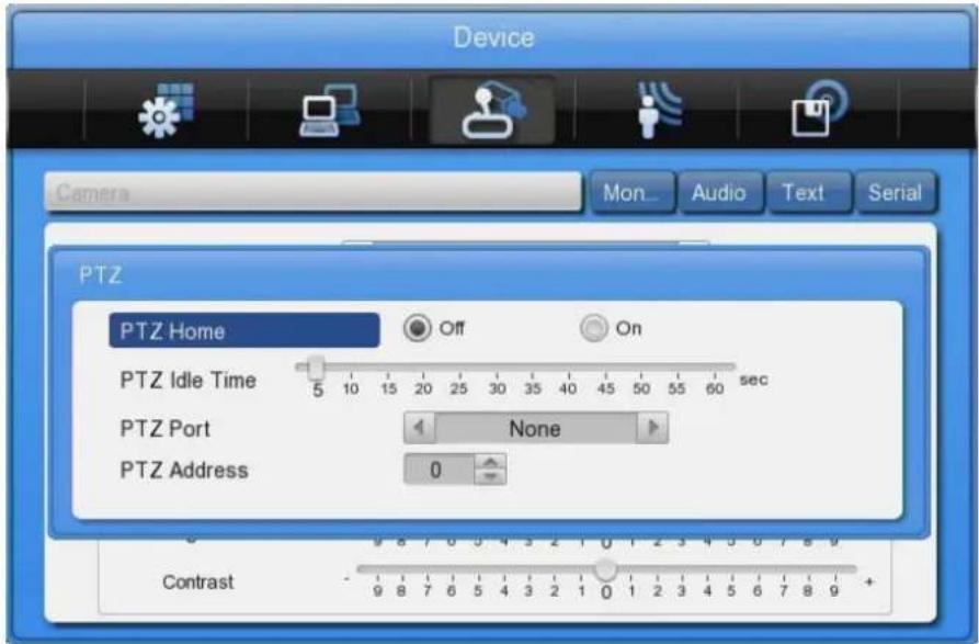 Device Camera Mon Audio Text Serial PTZ PTZ Home Off On PTZ Idle Time 5 10 15 20 25 30 35 40 45 50 55 60 sec PTZ Port None PTZ Address 0 Contrast - 9 8 7 6 5 4 3 2 1 0 1 2 3 4 5 6 7 8 9 +