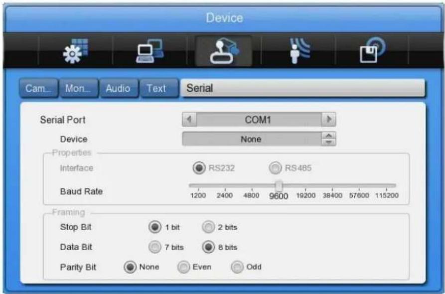 Device Cam... Mon... Audio Text Serial Serial Port COM1 Device None Properties Interface RS232 RS485 Baud Rate 9600 19200 38400 57600 115200 Framing Stop Bit 1 bit 2 bits Data Bit 7 bits 8 bits Parity Bit None Even Odd