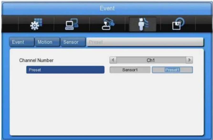 Event Event Motion Sensor Preset Channel Number Ch1 Preset Sensor1 Preset1