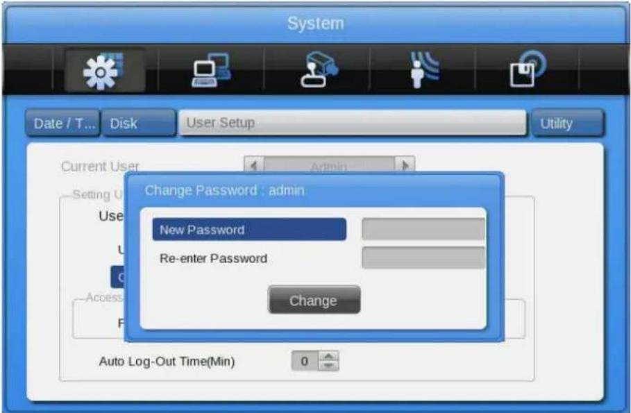 System Date / T... Disk User Setup Utility Current User Setting U Use U Access P Auto Log-Out Time(Min) Change Password : admin New Password Re-enter Password Change