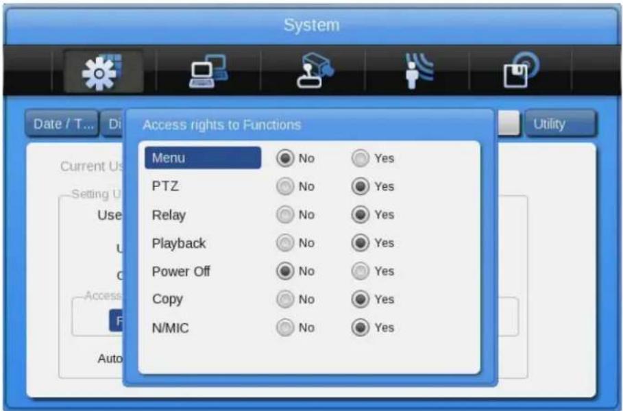 System Date / T... Div Access rights to Functions Utility Current Us Setting U Use U Access F Auto Menu PTZ Relay Playback Power Off Copy N/MIC No Yes No Yes No Yes No Yes No Yes