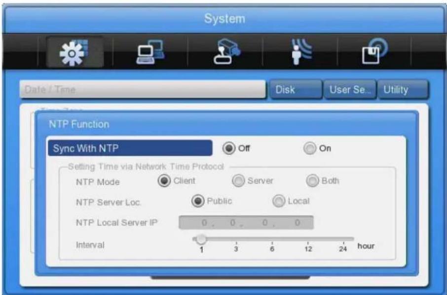 System Date / Time Disk User Se... Utility NTP Function Sync With NTP Off On Setting Time via Network Time Protocol NTP Mode Client Server Both NTP Server Loc Public Local NTP Local Server IP 0.0.0.0 Interval 1 3 6 12 24 hour