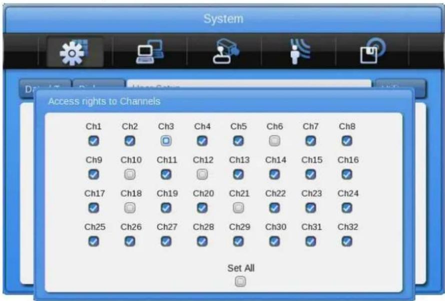 System Access rights to Channels Ch1 Ch2 Ch3 Ch4 Ch5 Ch6 Ch7 Ch8 ✓ ✓ ✓ ✓ ✓ ✓ ✓ ✓ Ch9 Ch10 Ch11 Ch12 Ch13 Ch14 Ch15 Ch16 ✓ ✓ ✓ ✓ ✓ ✓ ✓ Ch17 Ch18 Ch19 Ch20 Ch21 Ch22 Ch23 Ch24 ✓ ✓ ✓ ✓ ✓ ✓ ✓ Ch25 Ch26 Ch27 Ch28 Ch29 Ch30 Ch31 Ch32 ✓ ✓ ✓ ✓ ✓ ✓ ✓ Set All