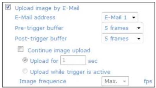 Upload image by E-Mail E-Mail address E-Mail 1 Pre-trigger buffer 5 frames Post-trigger buffer 5 frames Continue image upload Upload for 1 sec Upload while trigger is active Image frequency Max. fps