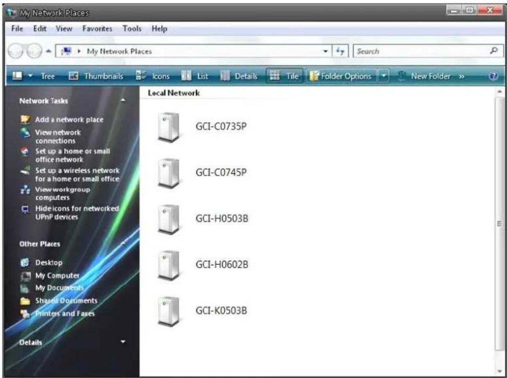 My Network Places File Edit View Favorites Tools Help My Network Places Search Tree Thumbnails Icons List Details Tile Folder Options New Folder > ? Network Tasks Add a network place View network connections Set up a home or small office network Set up a wireless network for a home or small office Viewworkgroup computers Hide icons for networked UPnP devices Other Places Desktop My Computer My Documents Shared Documents Printers and Fases Details Local Network GCI-C0735P GCI-C0745P GCI-H0503B GCI-H0602B GCI-K0503B