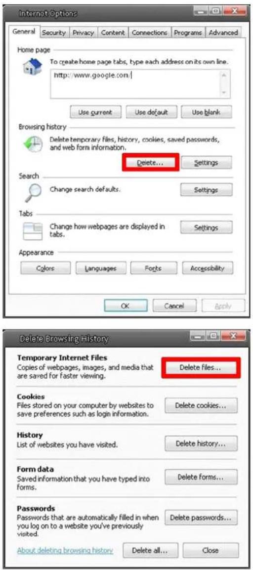 Internet Options General Security Privacy Content Connections Programs Advanced Home page To create home page tabs, type each address on its own line. http://www.google.com/ Use current Use default Use blank Browsing history Delete temporary files, history, cookies, saved passwords, and web form information. Delete... Settings Search Change search defaults. Settings Tabs Change how webpages are displayed in tabs. Settings Appearance Colors Languages Ports Accessibility OK Cancel Apply Delete Browsing History Temporary Internet Files Copies of webpages, images, and media that are saved for faster viewing. Delete files... Cookies Files stored on your computer by websites to save preferences such as login information. Delete cookies... History List of websites you have visited. Delete history... Form data Saved information that you have typed into forms. Delete forms... Passwords Passwords that are automatically filled in when you log on to a website you've previously visited. Delete passwords... About deleting browsing history Delete all... Close