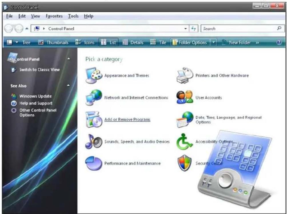 Control Panel File Edit View Favorites Tools Help Control Panel Tree Thumbnails Icons List Details Tile Folder Options New Folder Pick a category Appearance and Themes Printers and Other Hardware Network and Internet Connections User Accounts Add or Remove Programs Date, Time, Language, and Regional Options Sounds, Speech, and Audio Devices Accessibility Options Performance and Maintenance Security Center