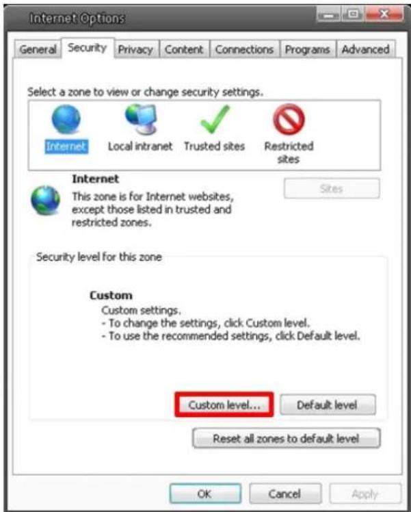 Internet Options General Security Privacy Content Connections Programs Advanced Select a zone to view or change security settings. Internet Local intranet Trusted sites Restricted sites Internet This zone is for Internet websites, except those listed in trusted and restricted zones. Security level for this zone Custom Custom settings. - To change the settings, click Custom level. - To use the recommended settings, click Default level. Custom level... Default level Reset all zones to default level OK Cancel Apply