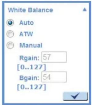 White Balance Auto ATW Manual Rgain: 57 [0..127] Bgain: 54 [0..127]