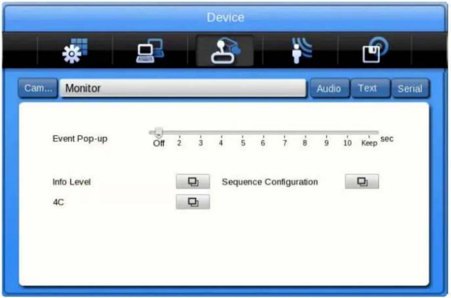 Device Cam... Monitor Audio Text Serial Event Pop-up Off 2 3 4 5 6 7 8 9 10 Keep sec Info Level Sequence Configuration 4C