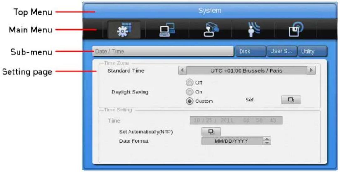 Top Menu Main Menu Sub-menu Setting page Date / Time Disk User S... Utility System Time Zone Standard Time UTC +01:00 Brussels / Paris Daylight Saving Off On Custom Set Time Setting Time 10 / 25 / 2011 08 50 43 Set Automatically(NTP) Date Format MM/DD/YYYY