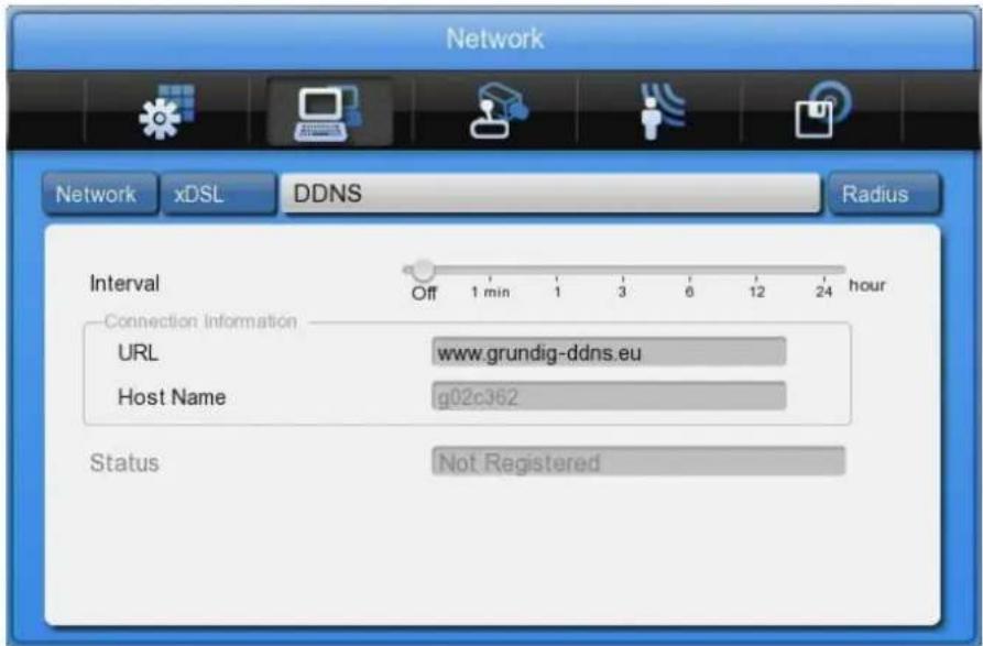 Network xDSL DDNS Radius Interval Off 1 min 1 3 6 12 24 hour Connection Information URL www.grundig-ddns.eu Host Name g02c362 Status Not Registered