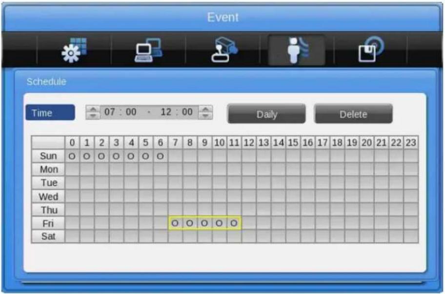 Event Schedule Time 07:00 - 12:00 Daily Delete Sun O O O O O O Mon Tue Wed Thu Fri Sat