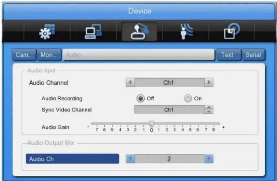 Device Cam... Mon... Audio Text Serial Audio Input Audio Channel Ch1 Audio Recording Off On Sync Video Channel Ch1 Audio Gain - 7 6 5 4 3 2 1 0 1 2 3 4 5 6 7 8 + Audio Output Mix Audio Ch 2