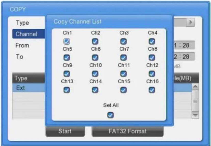 COPY Type Channel From To Type Ext Copy Channel List Ch1 Ch2 Ch3 Ch4 ✓ ✓ ✓ ✓ ✓ Ch5 Ch6 Ch7 Ch8 ✓ ✓ ✓ ✓ ✓ Ch9 Ch10 Ch11 Ch12 ✓ ✓ ✓ ✓ ✓ Ch13 Ch14 Ch15 Ch16 ✓ ✓ ✓ ✓ ✓ Set All Start FAT32 Format