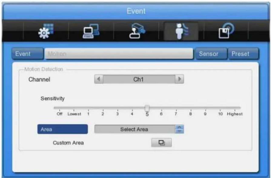 Event Event Motion Sensor Preset Motion Detection Channel Ch1 Sensitivity Off Lowest 1 2 3 4 5 6 7 8 9 10 Highest Area Select Area Custom Area