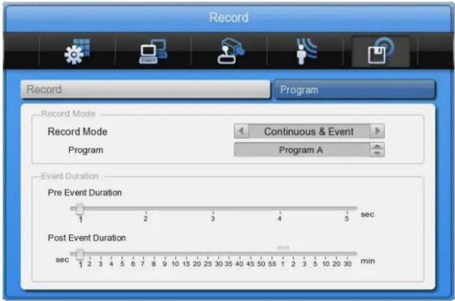Record Record Mode Continuous & Event Program Program A Event Duration Pre Event Duration 1 sec sec min Post Event Duration min