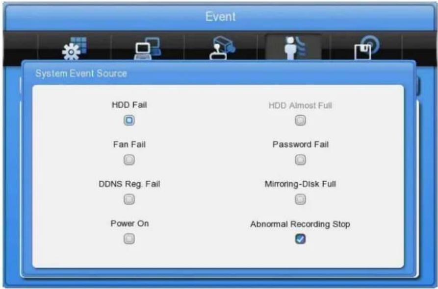 Event System Event Source HDD Fail HDD Almost Full Fan Fail Password Fail DDNS Reg. Fail Mirroring-Disk Full Power On Abnormal Recording Stop