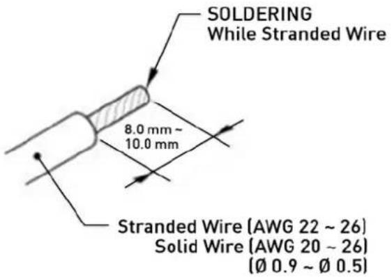 SOLDERING While Stranded Wire 8.0 mm ~ 10.0 mm Stranded Wire (AWG 22 ~ 26) Solid Wire (AWG 20 ~ 26) (Ø 0.9 ~ Ø 0.5)
