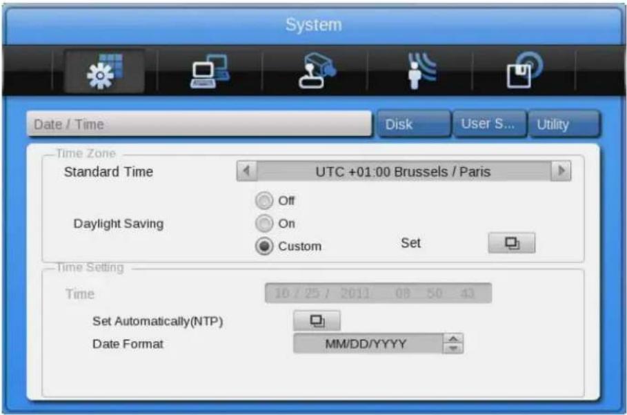 System Date / Time Disk User S... Utility Time Zone Standard Time UTC +01:00 Brussels / Paris Daylight Saving Off On Custom Set Time Setting Time 10 / 25 / 2011 08 50 43 Set Automatically(NTP) Date Format MM/DD/YYYY