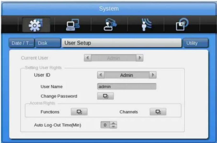 System Date / T... Disk User Setup Utility Current User Admin Setting User Rights User ID Admin User Name admin Change Password Access Rights Functions Channels Auto Log-Out Time(Min) 0